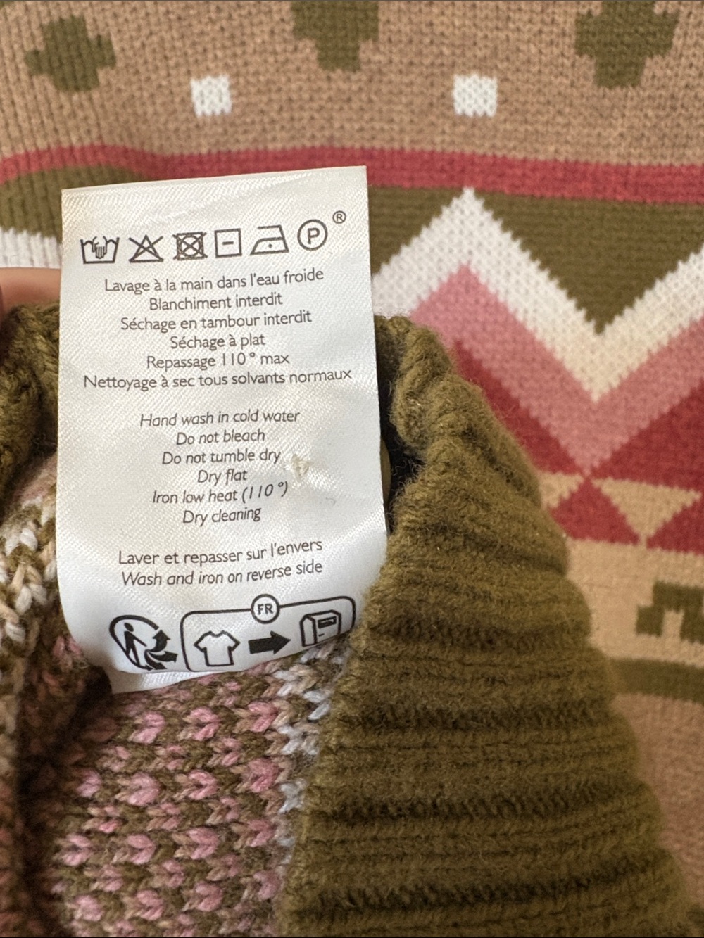 Sezane Olive, Pink & Cream Geometric Shawl-Collar Sweater - Picture 5 of 6